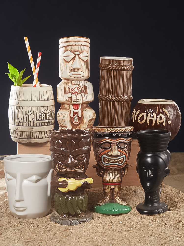 Tiki One Piece Mug Wood Grain Barrel Tiki Mug Custom Ceramic Bucket Tiki Cups Supplier Maker