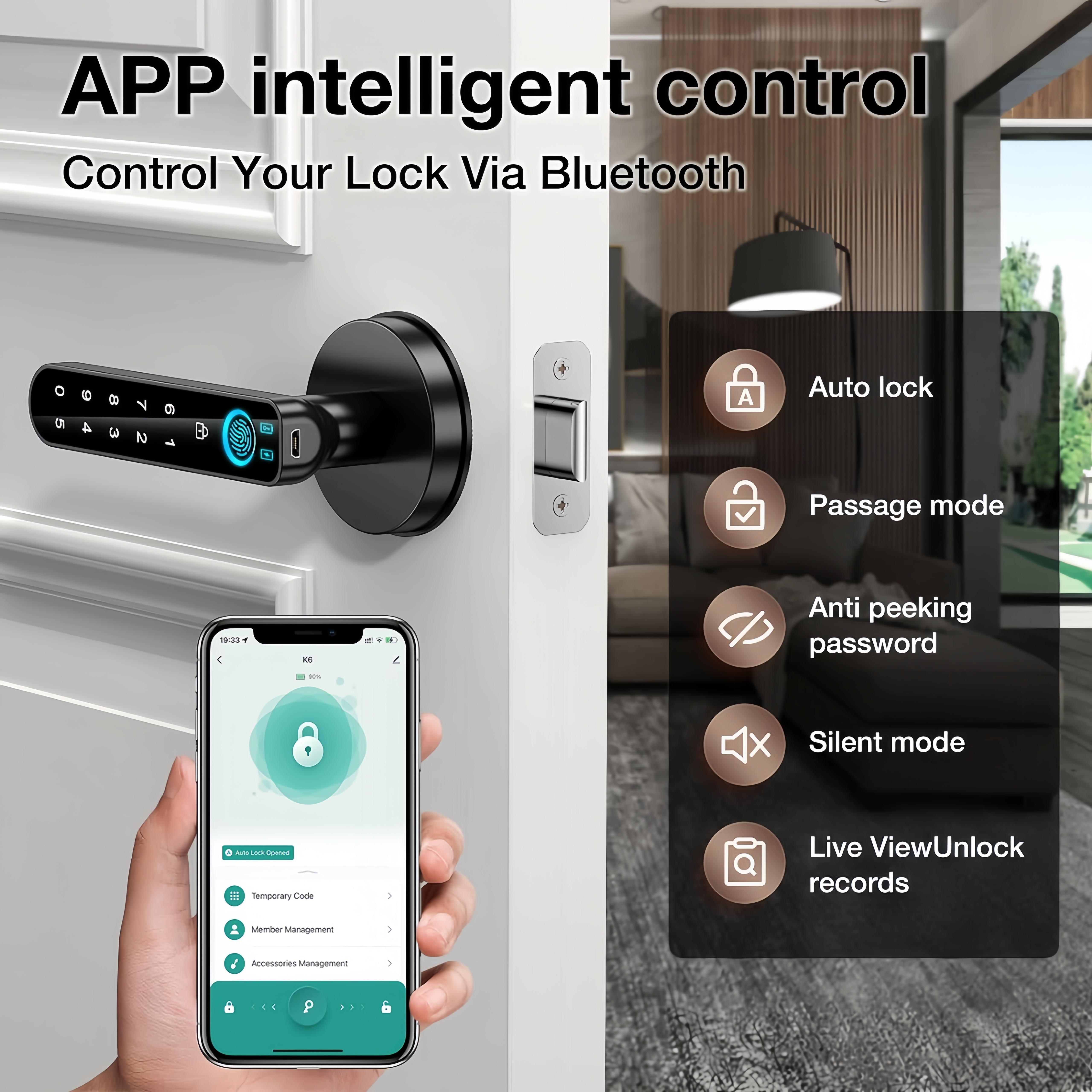 Biometric digital electronic door lock with password keypad keyless entry smart door handle, Tuya handle fingerprint door lock