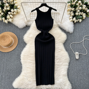 2024 Summer Sleeveless Knitting Casual Dress Maxi A-line Dress o-neck Midi Sheath Dress