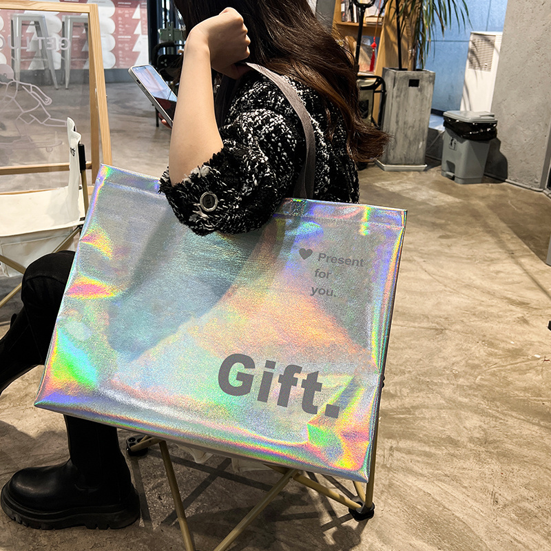 Wholesale Price Custom Printed Recycle Reusable holographic silver PP Laminated Non Woven tote Shopping Bag