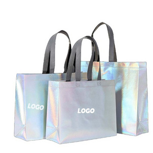 iridescent holographis gift bag glitter reusable non-woven silver metallic laser pp woven shopping bag sublimation tote bag with