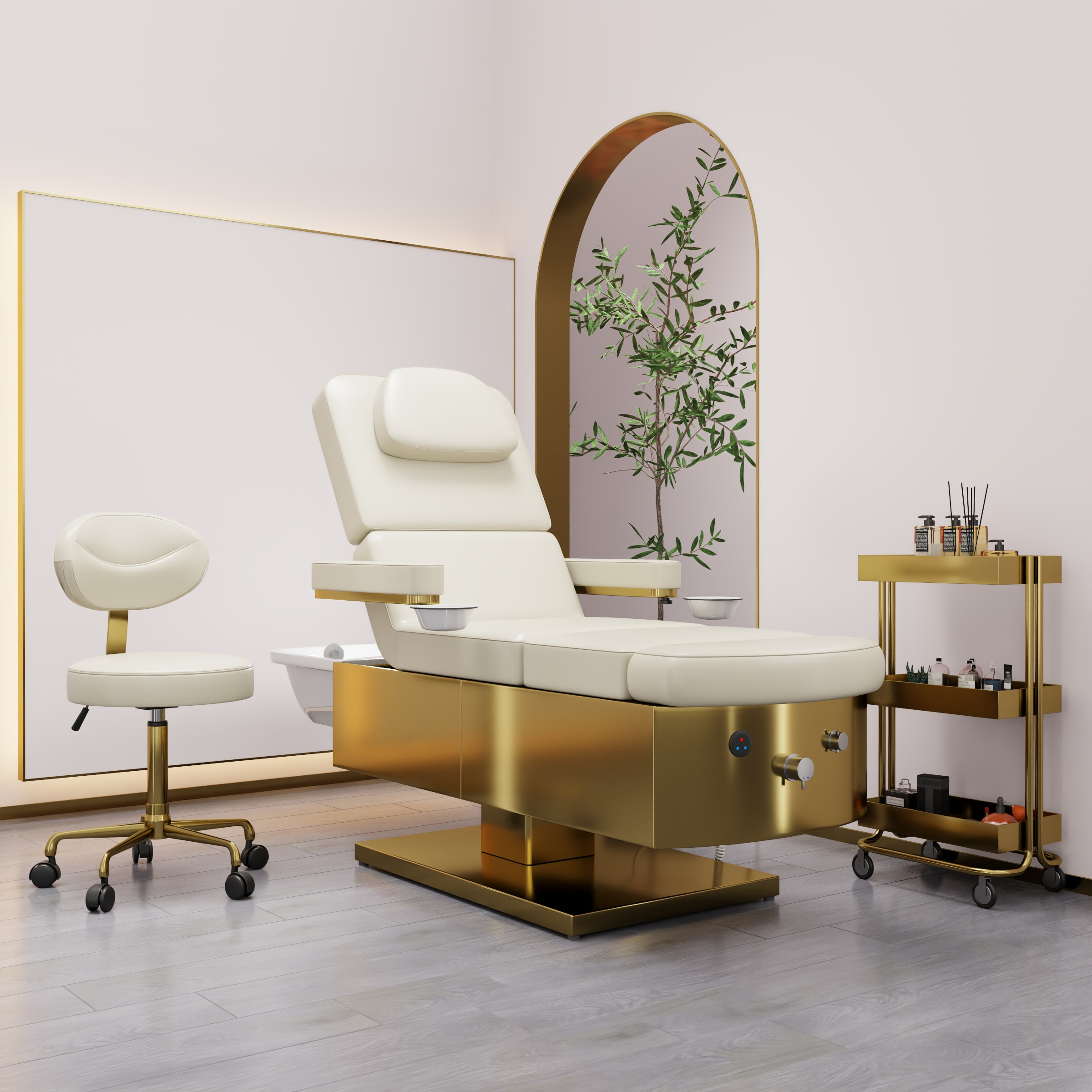 Luxury foot spa Barbershop Furniture Hair Washing Sink Shampoo Chair Massage Bed pedicure chair with gold Stainless Steel Base