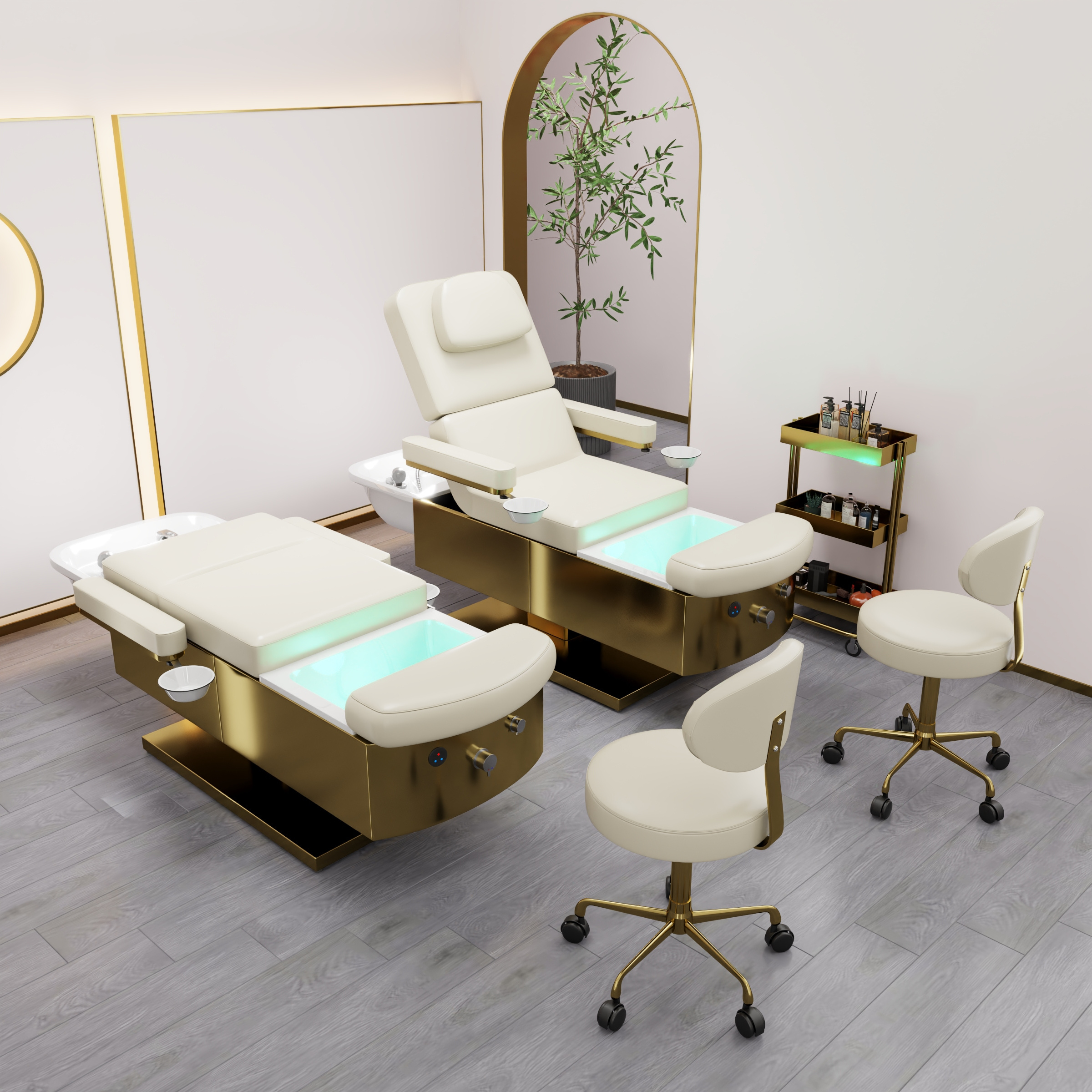 Luxury foot spa Barbershop Furniture Hair Washing Sink Shampoo Chair Massage Bed pedicure chair with gold Stainless Steel Base