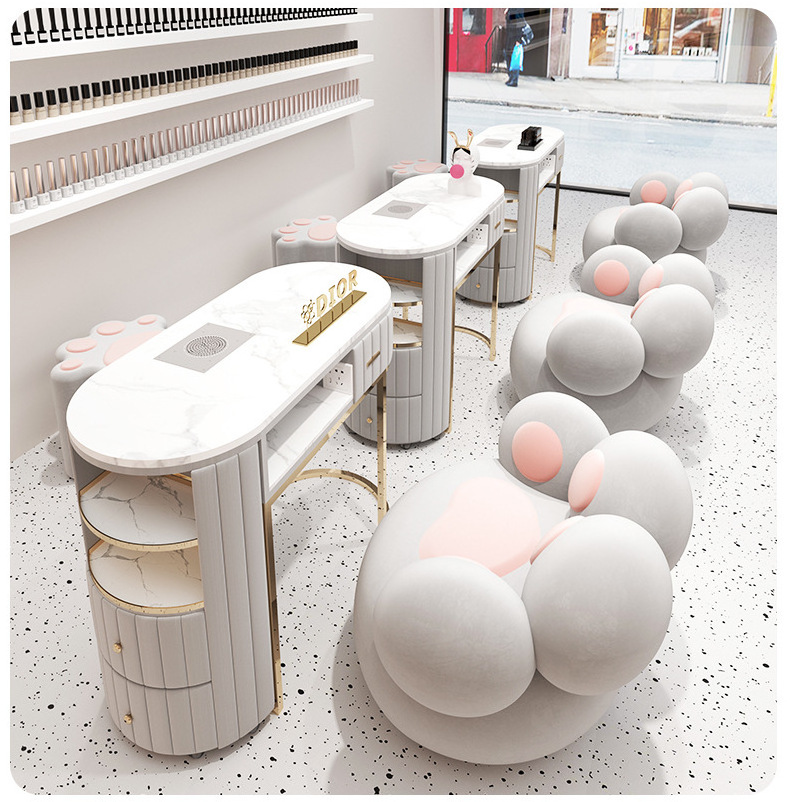 Modern Nail Station Table Furniture Manicure Chair technician Metal Manicure Table Light luxury double marble nail care table