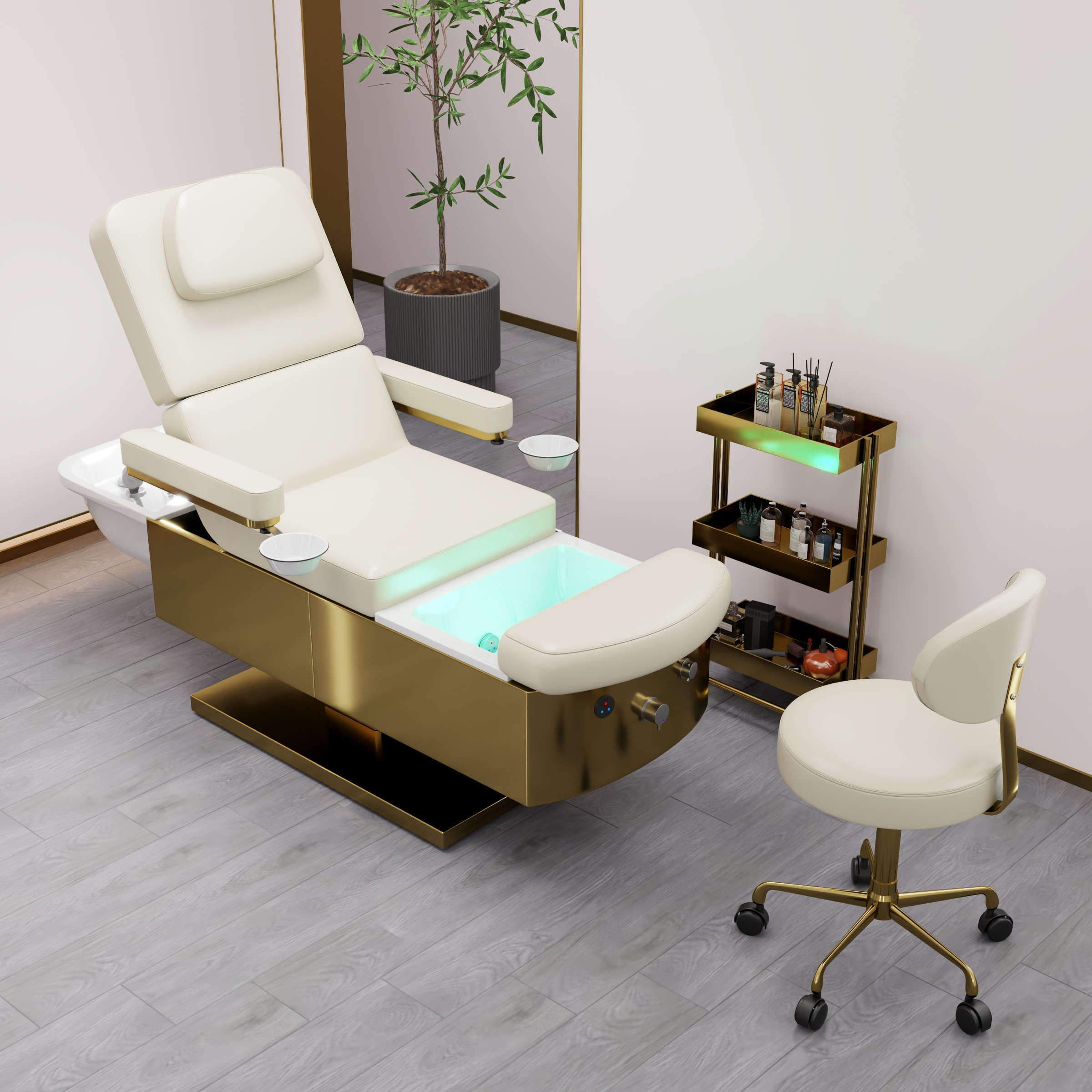 Luxury foot spa Barbershop Furniture Hair Washing Sink Shampoo Chair Massage Bed pedicure chair with gold Stainless Steel Base