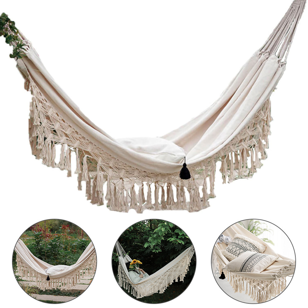 2 Person Hammock Large Brazilian Macrame Fringe Double Hammock Swing Net Chair Out/Indoor Hanging Hammock Swings