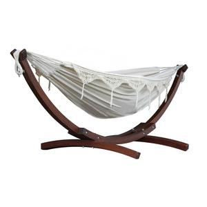 Outdoor Indoor Tassel With Wood Stand Cotton Hammock With Macrame Lace Fringe Hammock