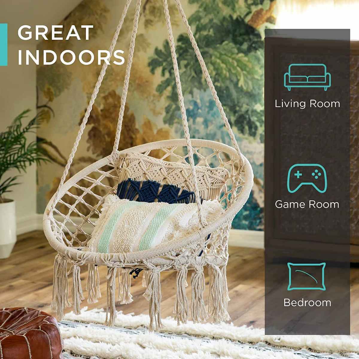 Swing Chair, Hanging Chair with Hanging Kits and Cushion, Comfortable Sturdy Macrame Hammock Chair for Indoor Outdoor Patio Yard