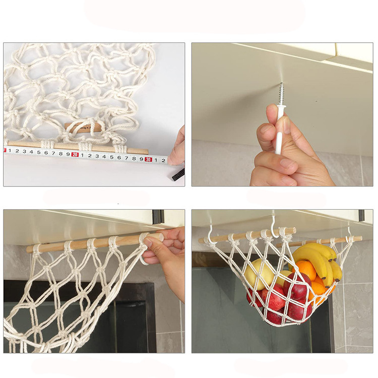 Under Cabinet Fruit Hammock Boho Woven Hanging Vegetable Hammock Household Hanging Kitchen Storage Basket Organizer