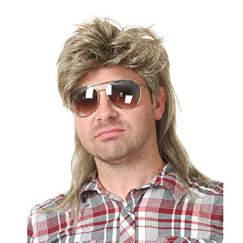 Mens Adult Furry Rockstar Scottish Kaneles Mullet Fancy Wig Brown Black Silver Rock Synthetic Wig