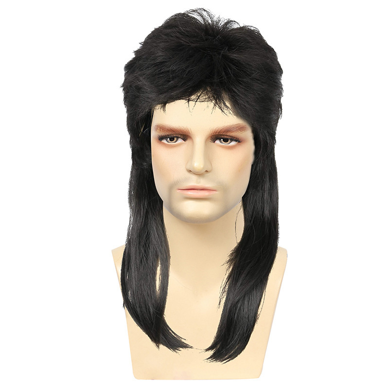 Kaneles Mullet Brown Black  80's Rock Mullet Adult Men's Party Synthetic Wig Fluffy Short Curly Head Cover