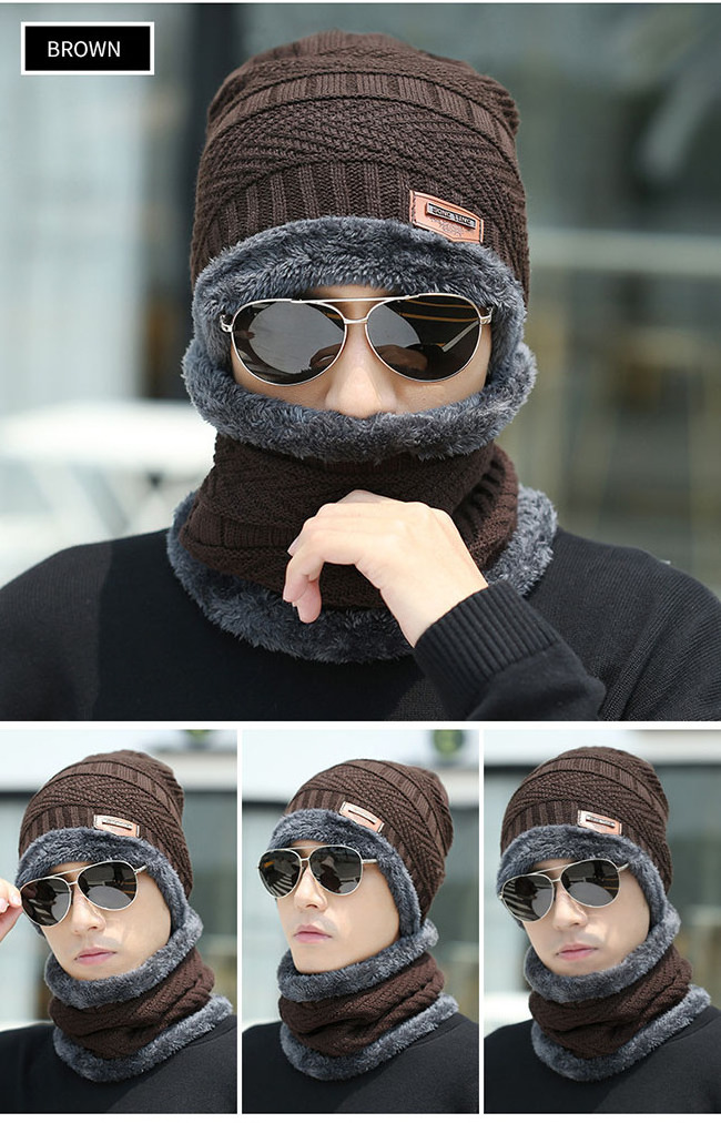 Winter Men Warm Wool Hat Neck Set Soft Thicken Wool Ski Hat Scarf Men earmuffs Knitted Hat Scarf Set