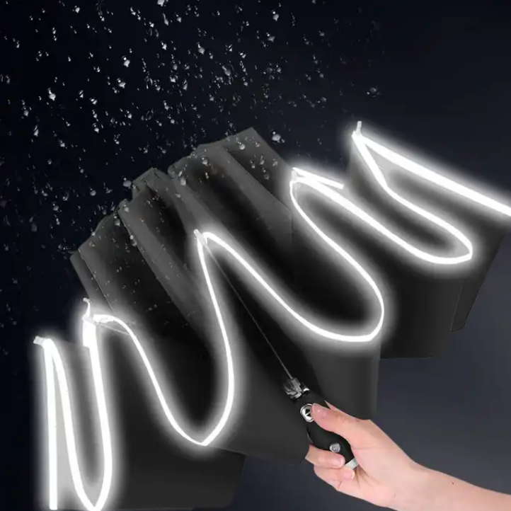 Led Light Automatic Large Windproof Umbrellas Compact Umbrella Reverse Umbrella with Reflective Stripe