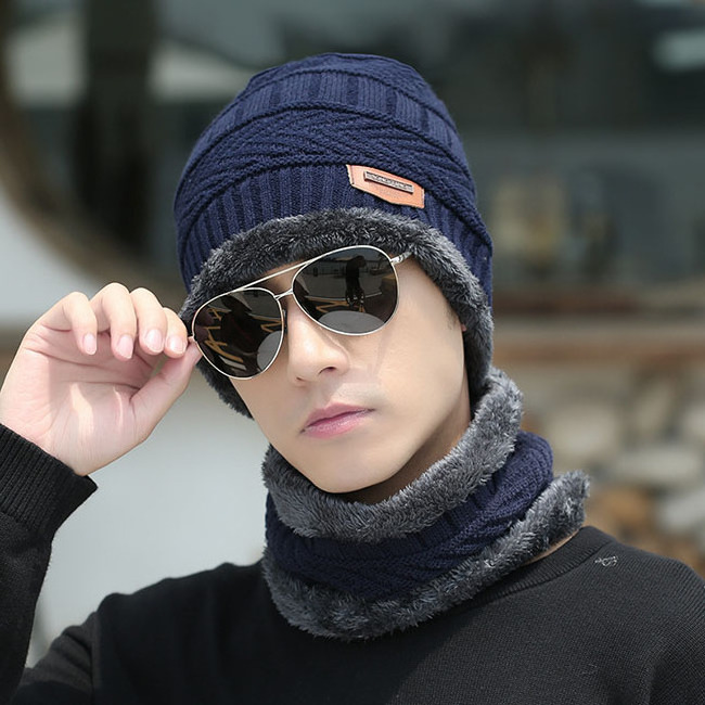 Warm Knit Hat Thick Fleece Lined Winter Hat Neck Warmer Men and Women Winter Hat Scarf Set