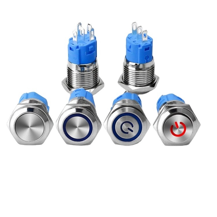 22mm Lighted Switches Illuminated Metal Flat Round 12v Blue Led Waterproof Push Button switch