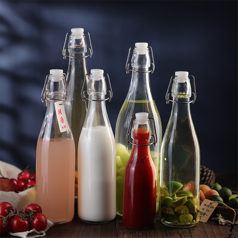 Wholesale 60ml 250ml 500ml 750ml 1000ml round/square drinking water bottles juice wine airtight glass bottle with swing top