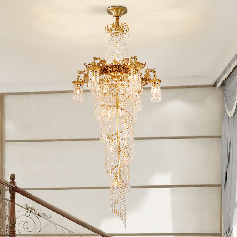 French Luxury Brass Stairwell Pendant Lighting Villa Duplex Building Long Staircase Chandelier European Crystal Stairs Light