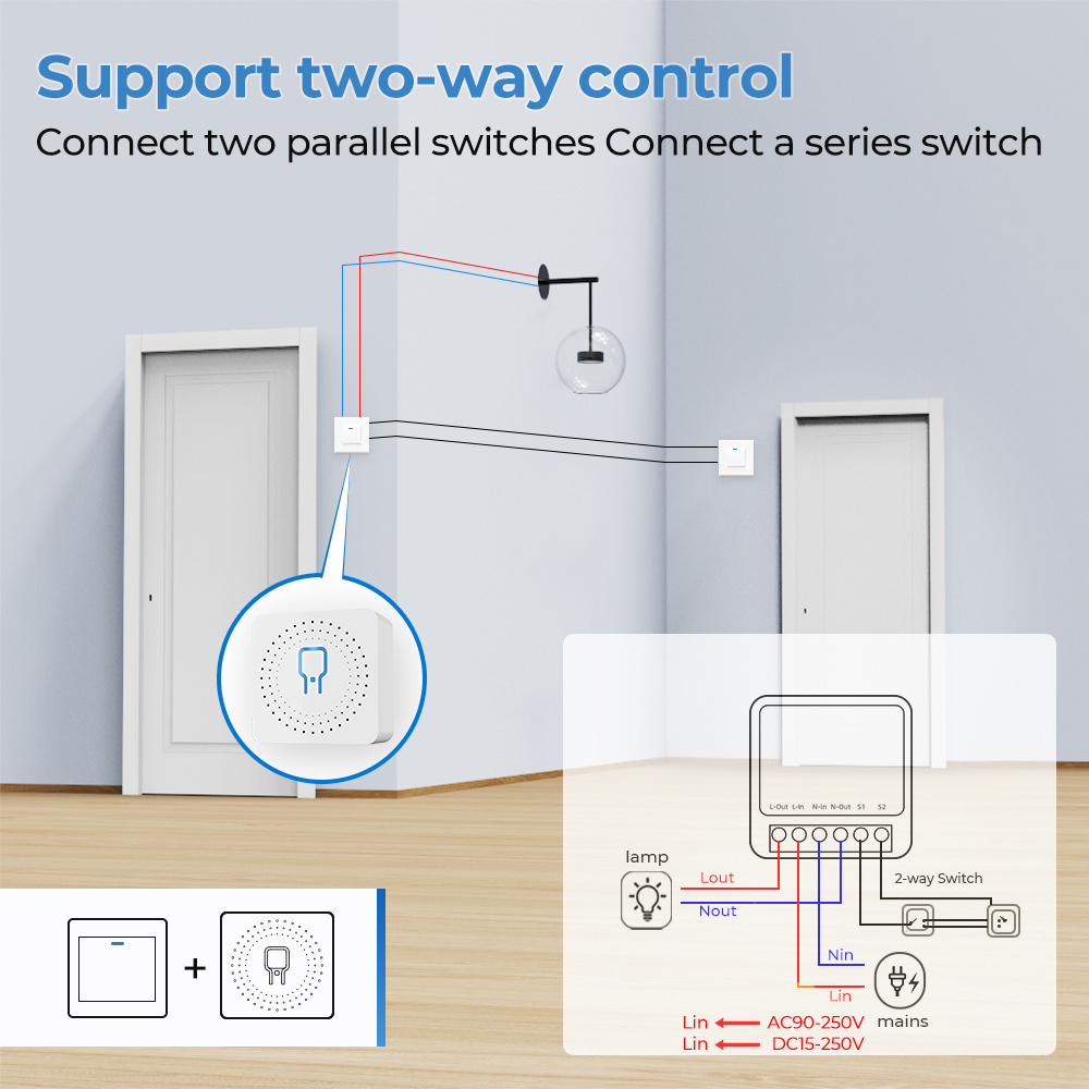 16A DC/AC mini smart electric light switch module WIFI RF433 Tuya wireless remote control 2 way controller power switches