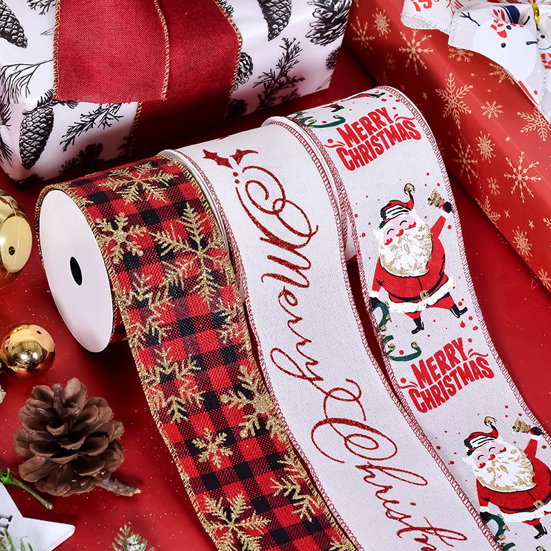 Ribest Wholesale Christmas Wired Edge Ribbon Customized Printed 2.5 Inch Roll