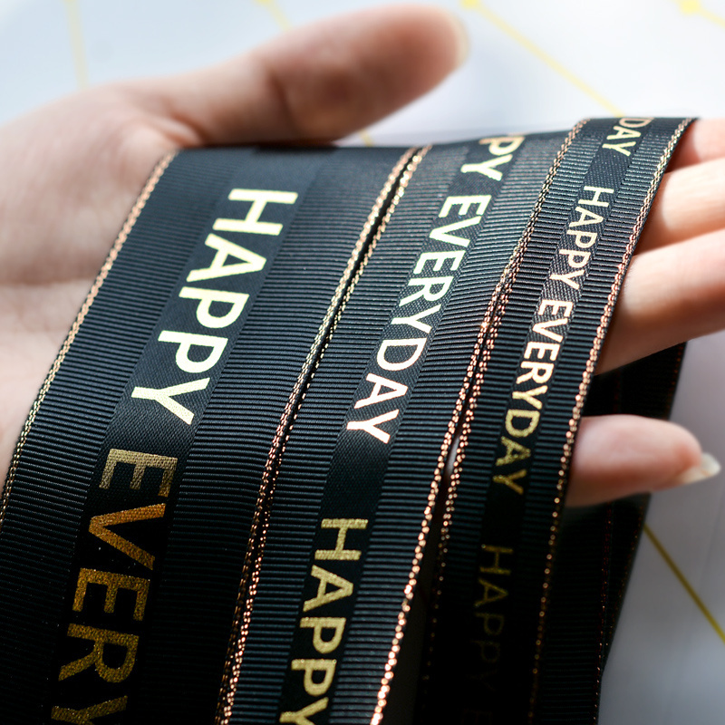 RIBEST Wholesale Customize Polyester Satin Ribbon Printed With Logo Gold Foil