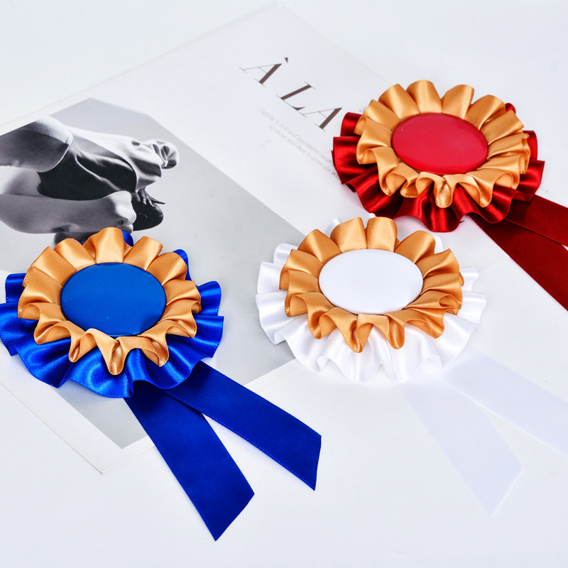 Custom LOGO Printed Round Blank Satin Awards Ribbon Rosette Badge for Medals