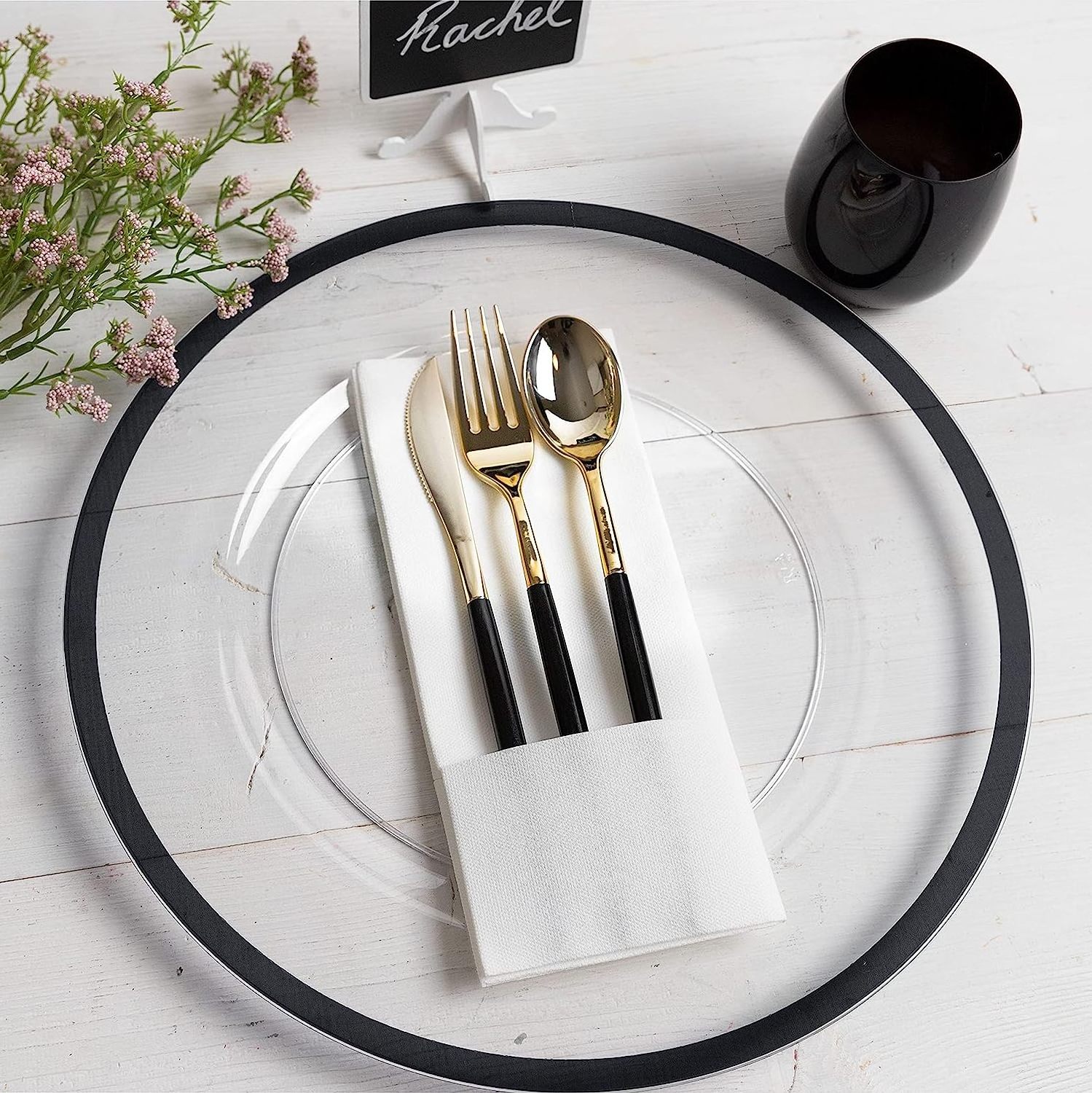 Clear and Black Rim Charger Plates Wedding Table Decoration Plastic Charger Plates 13 Inch Party Table Setting Dishes Plates