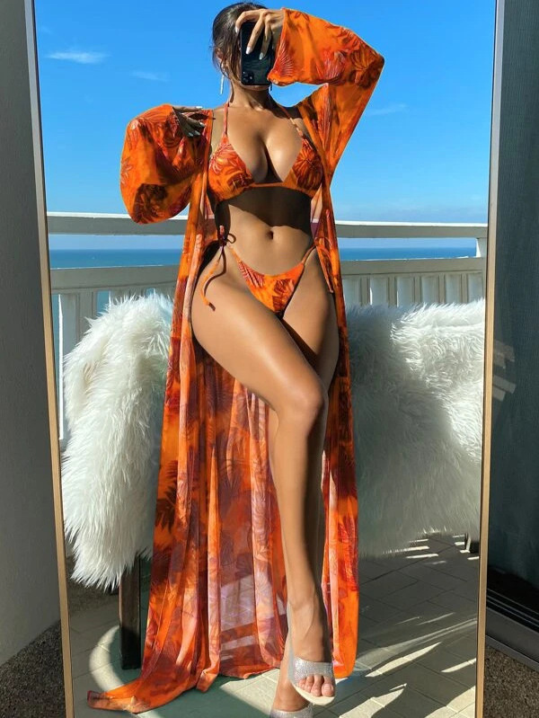 2024 Hot Sale Internet Celebrity Cross-Border Floral Bikini 3 Piece Swimsuit Set With Cover Up Skirt Beach Wear