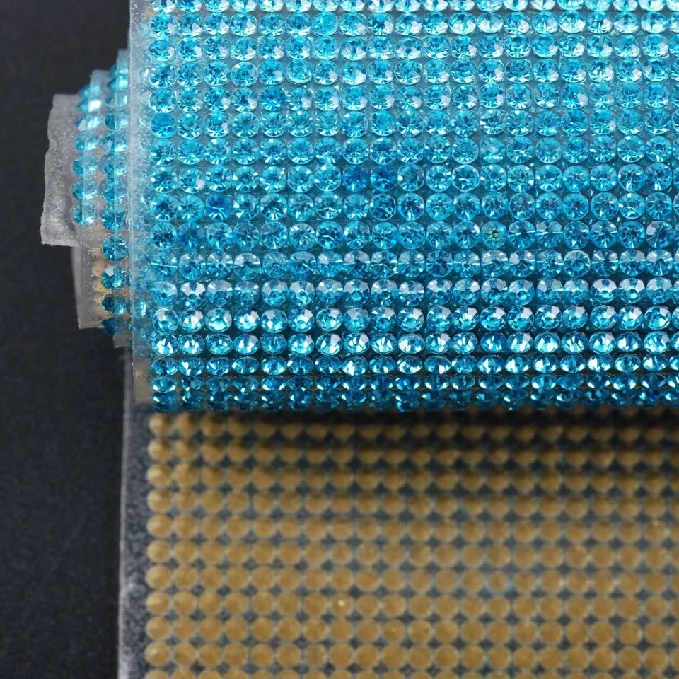 24x40 cm High Quality Aquamarine Colors Clothes Adhesive Rhinestone Sheets Hotfix Sheet Stick