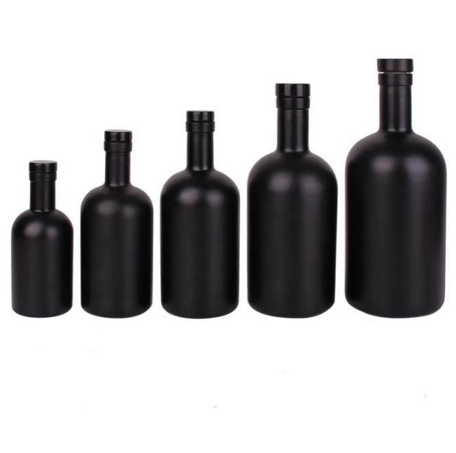 Manufacturer custom round spirit bottle 375 500ml750ml vodka  Whiskey bottle black frosted round bottle