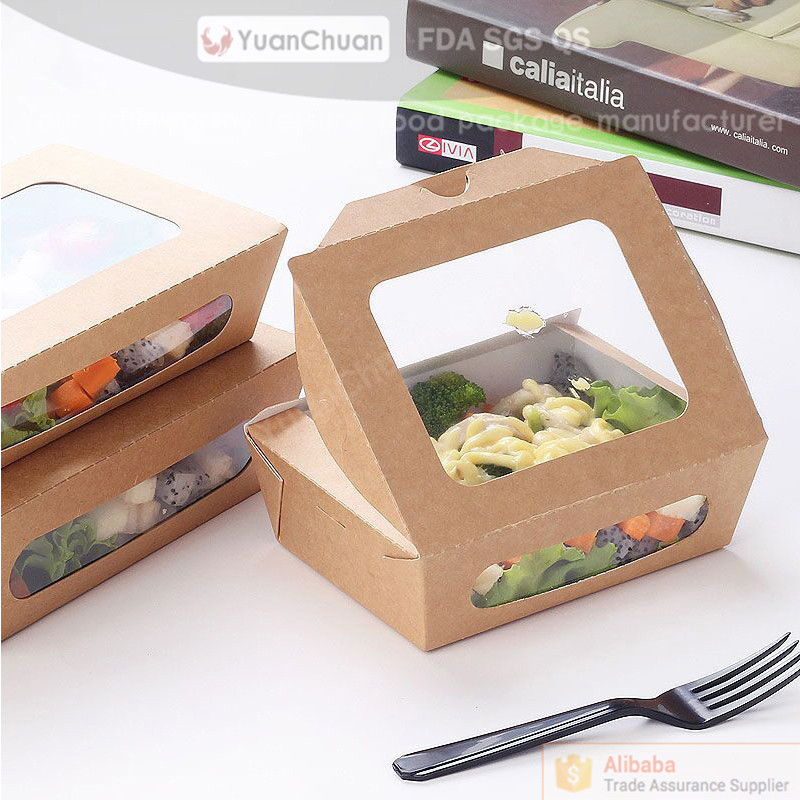 Disposable coated paper salad box with different type of sticking window