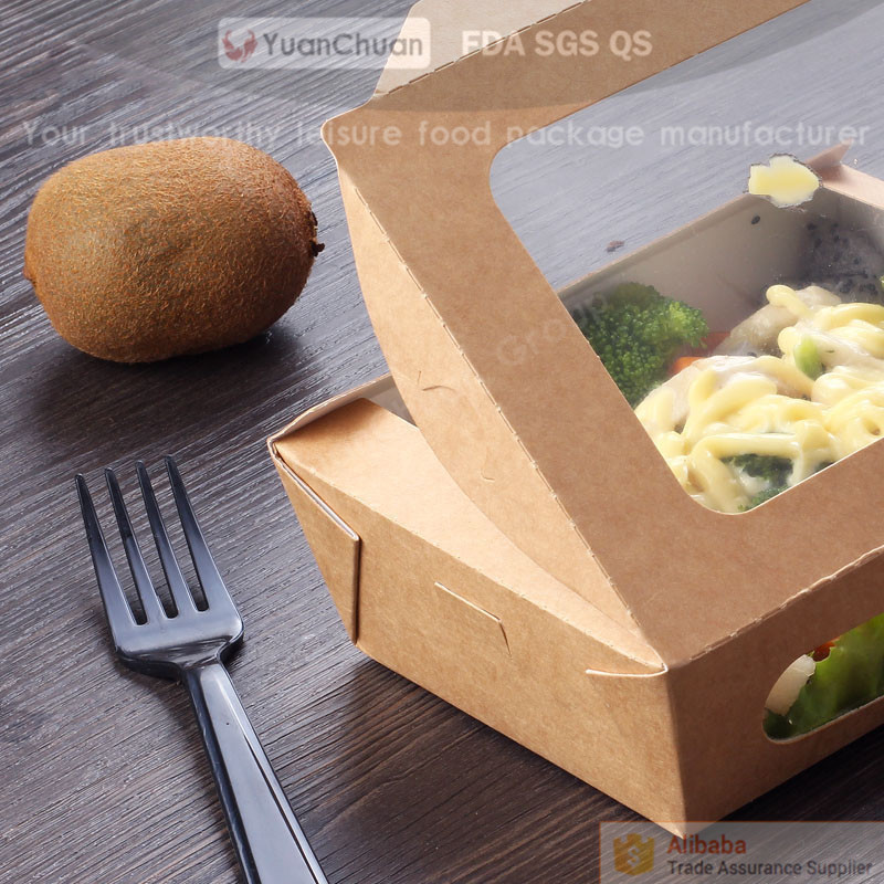 Disposable coated paper salad box with different type of sticking window