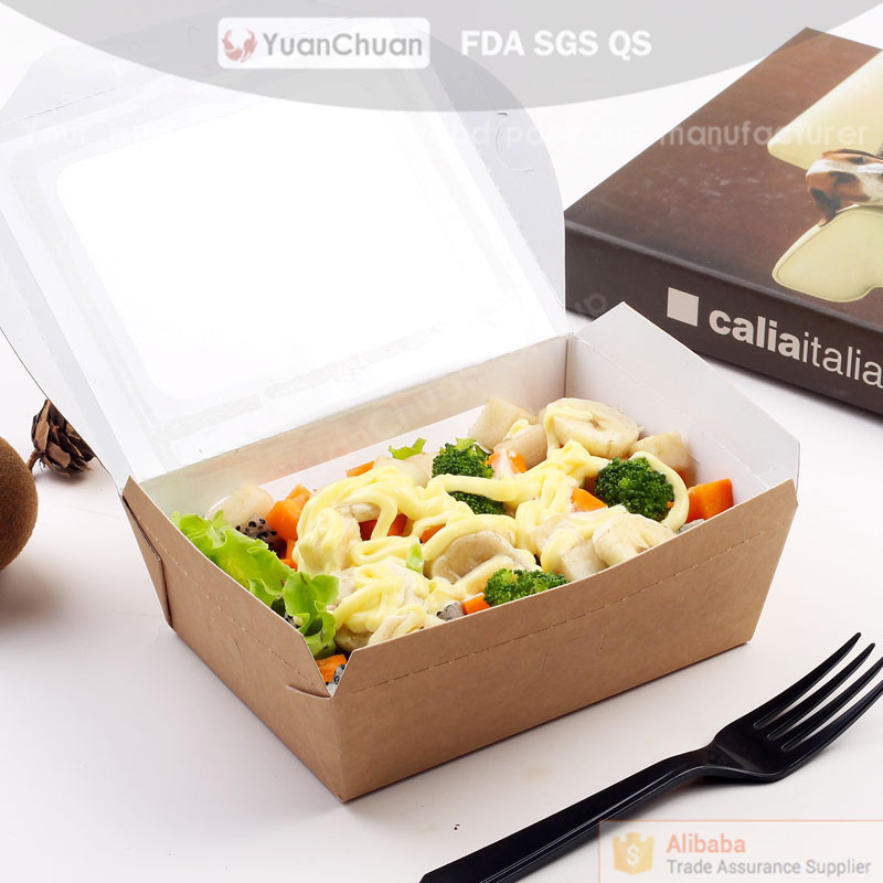 Disposable coated paper salad box with different type of sticking window