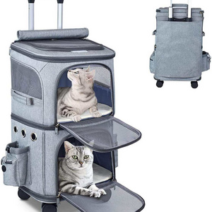 Double Layer Outdoor Cat Dog Carrying Bag Pet Trolley Backpack Pet Bag Travel Pet Rolling Carrier with Wheels