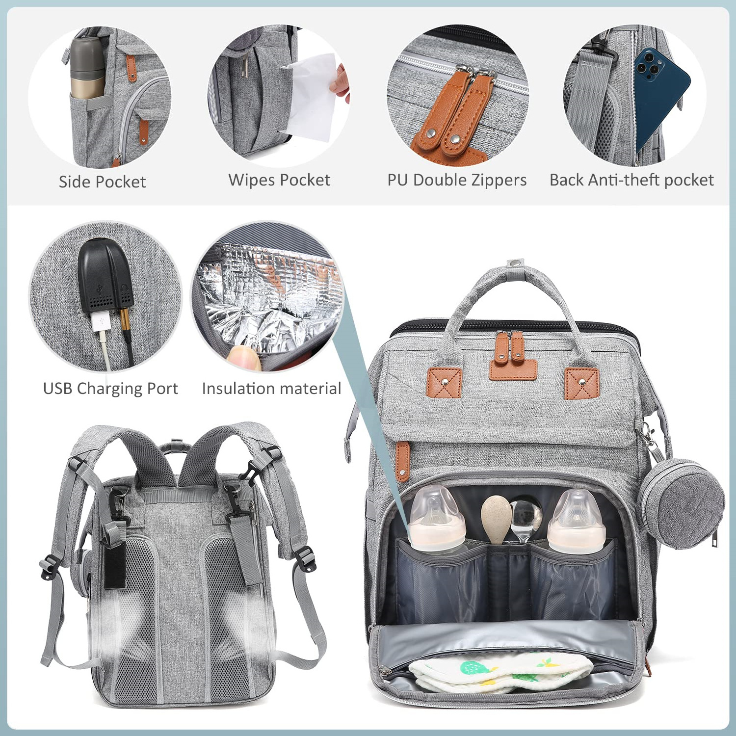 5 in 1 Diaper Bag and Baby Portable Changing Table Waterproof Mommy Diaper Bag Backpack for Outdoor Travel