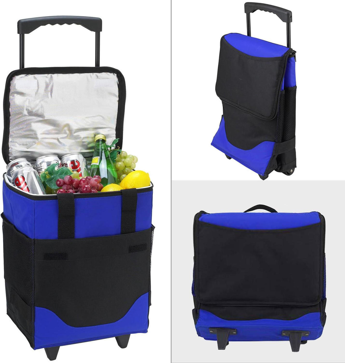 Larger Blue Polyester Rolling Trolley Dolly Folding Thermal and Waterproof Insulated Cooler Bag with Letter Pattern