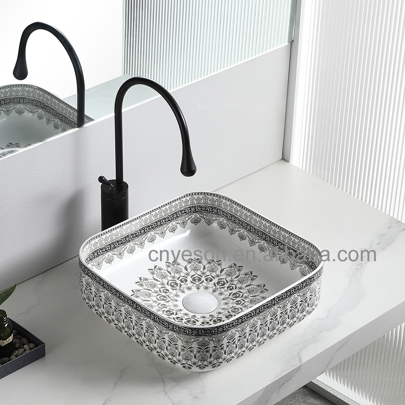 Luxury Royal washbasin counter top lavatory ceramic art basin golden bathroom vessel sink decal paper hand wash basin