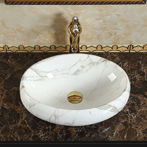 Hot sale India Luxury Style Bathroom Marble Counter top Ceramic Handmade Wash Basin Above Counter Mounted Oval Shape Art Sink