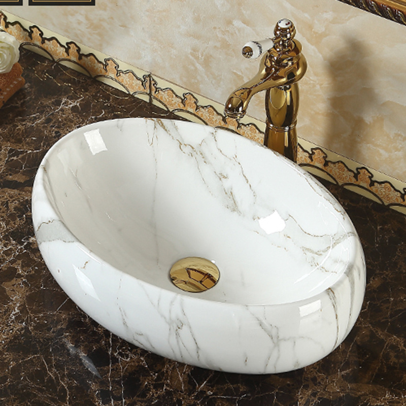 Hot sale India Luxury Style Bathroom Marble Counter top Ceramic Handmade Wash Basin Above Counter Mounted Oval Shape Art Sink