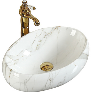 Hot sale India Luxury Style Bathroom Marble Counter top Ceramic Handmade Wash Basin Above Counter Mounted Oval Shape Art Sink