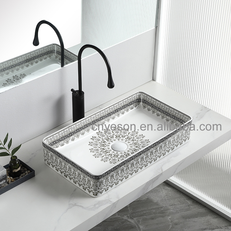 Luxury Royal washbasin counter top lavatory ceramic art basin golden bathroom vessel sink decal paper hand wash basin