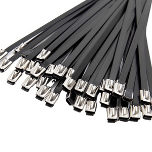 YIKA 4.6" 7.9" 10" 12" 304 Stainless Steel Cable Ties Self Locking Ball Lock PVC Spray Coating in Black Cable Tie