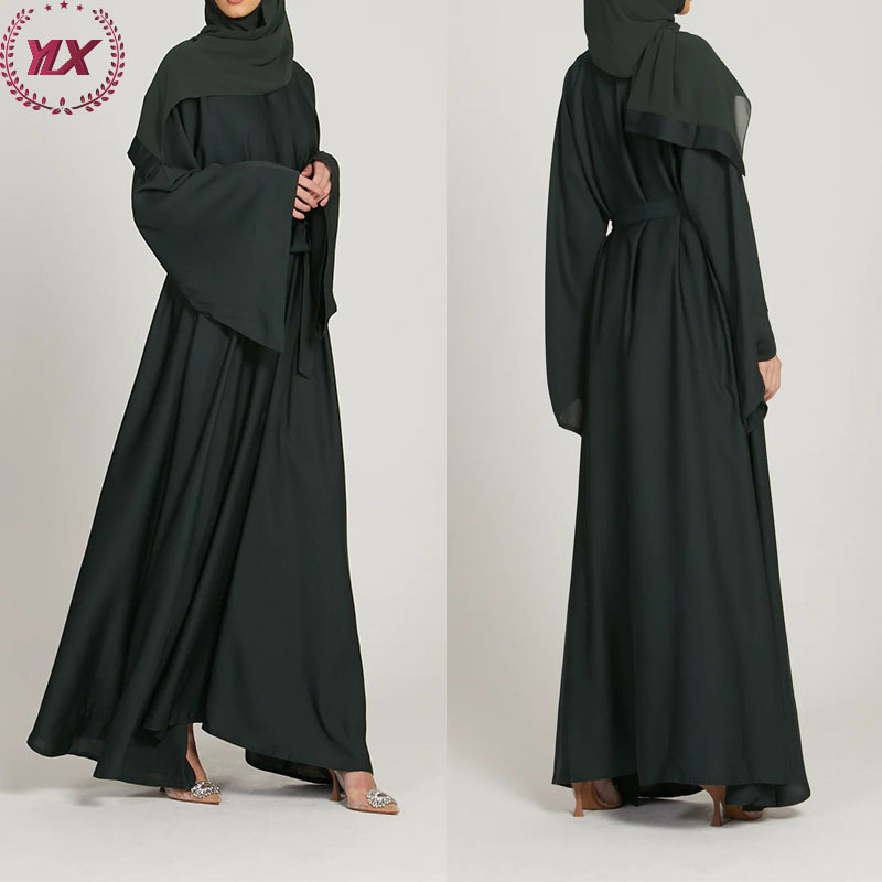 Latest Design High Quality Flared Sleeve Umbrella Cutting Deep Forest Green Polyester Elegant Abayas For Women Muslim