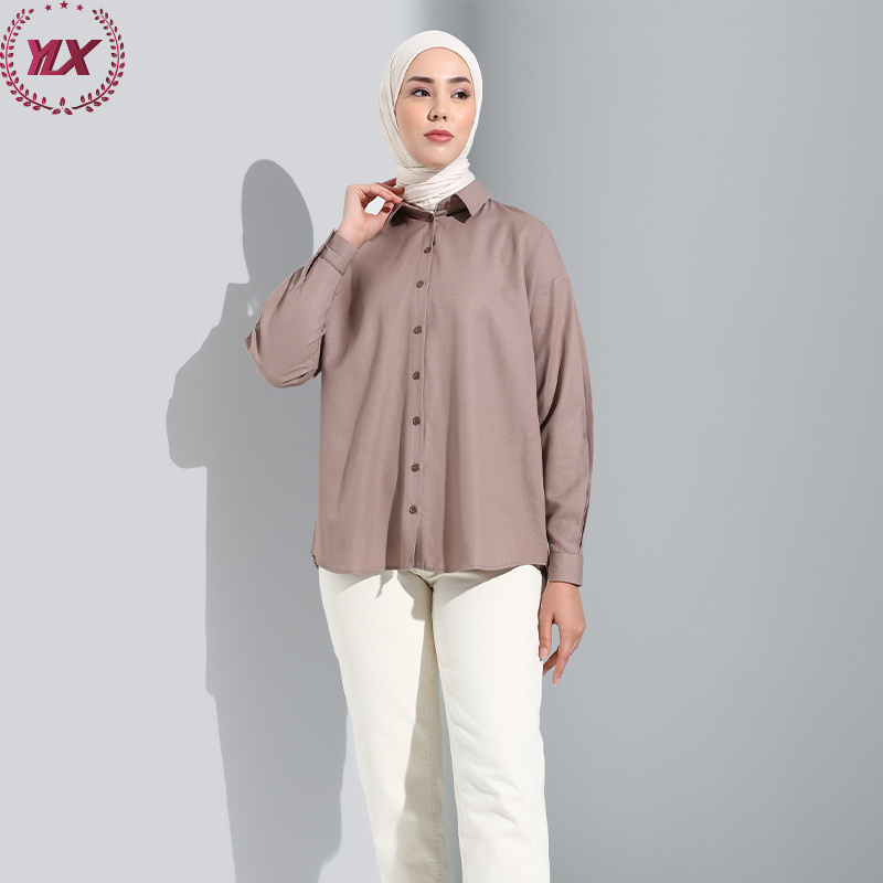 New Fashion Long Sleeves Ruched Shirts Simple Solid Color Muslim Women Tops Blouse