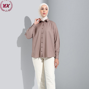 New Fashion Long Sleeves Ruched Shirts Simple Solid Color Muslim Women Tops Blouse