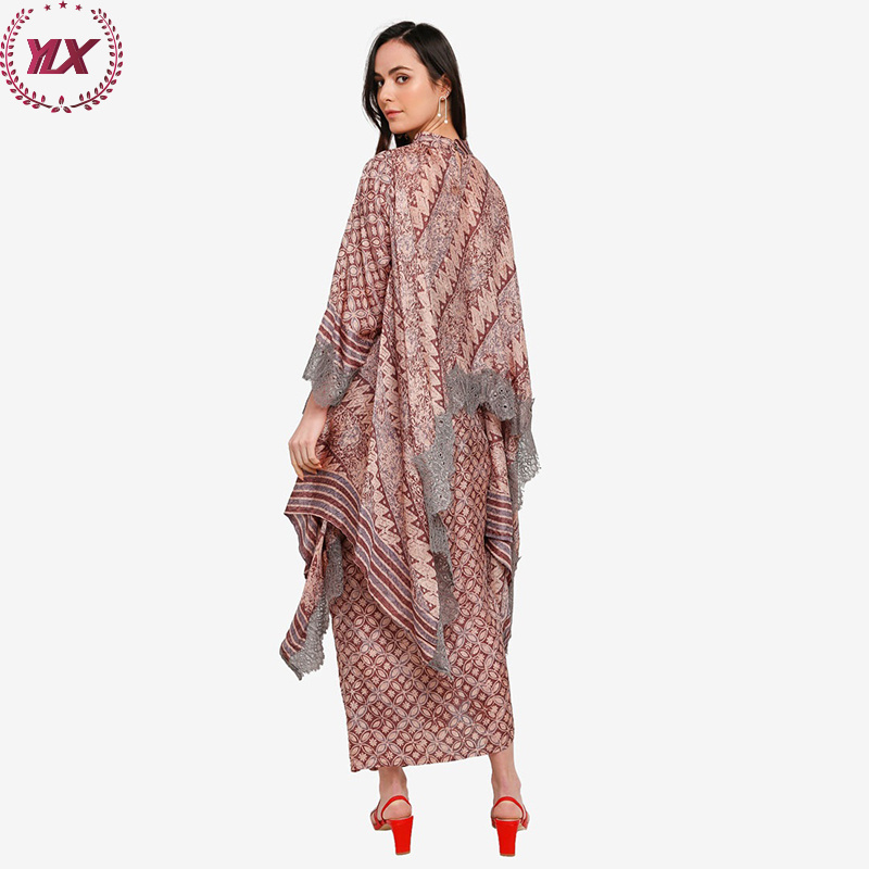 V Neck Long Sleeves Contrasting Colors Elegant Wrap Baju Kurung For Muslim Women