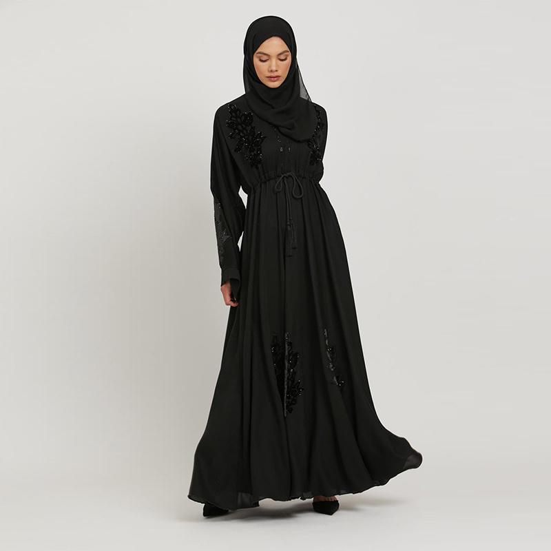 Solid ColorPakaian Satin Factory Women Venonat Collar Moroccan Tunisian Muslim Abaya Robe With Hijab Clothing Islamic Maxi Dress