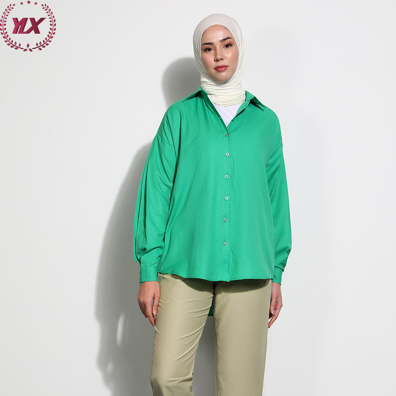 New Fashion Long Sleeves Ruched Shirts Simple Solid Color Muslim Women Tops Blouse