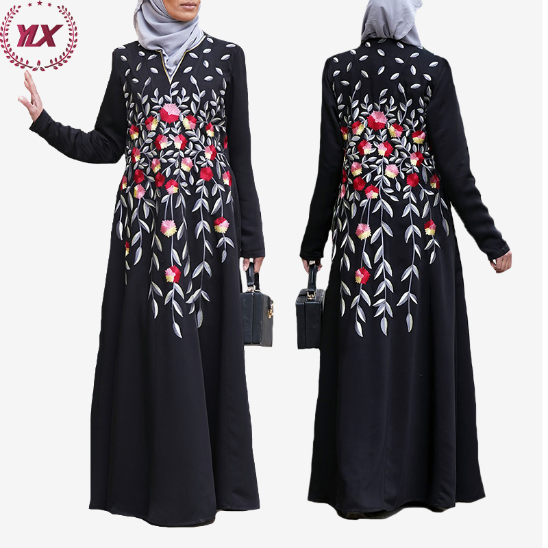 Wholesale Elegant Long Sleeve Kaftan Dubai Modern Luxury Fashion Muslim Women Dresses Arabic Embroidered Floral Abaya Gown