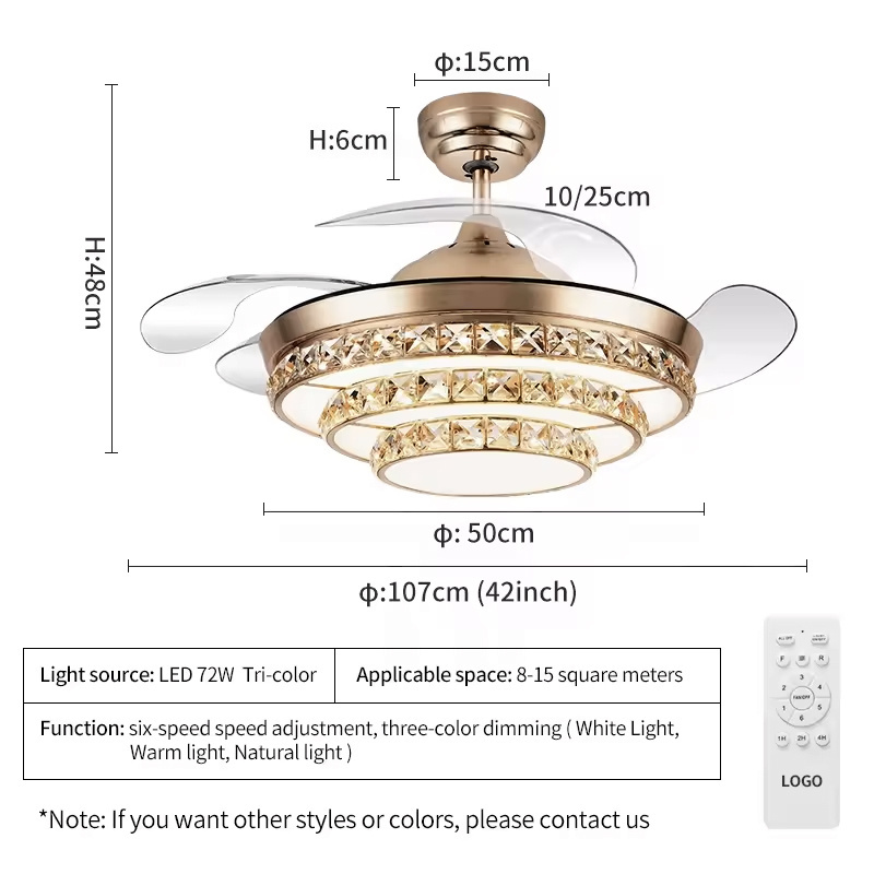 ceiling fan 42 inch hidden blades remote control crystal large Chandeliers Pendant Lights LED ceiling fan with light