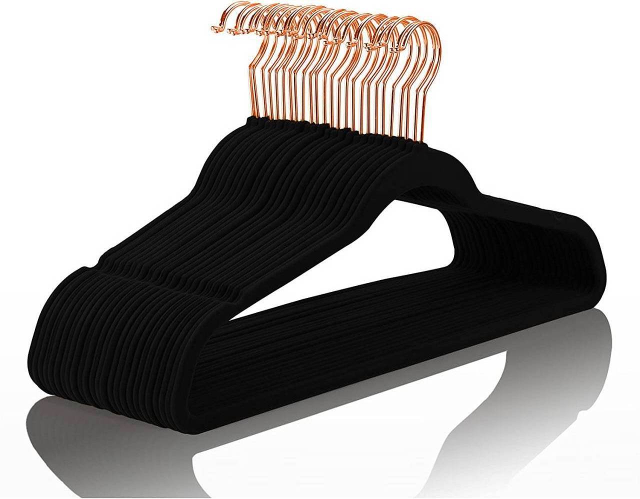 Wholesale 50 Pack Space Saving 360 Swivel Rose Gold Hook Black Flocked Velvet Hangers for Clothing